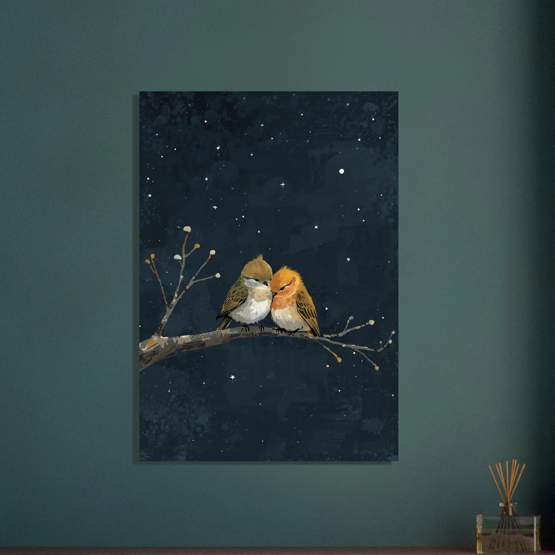 Två småfåglar på gren under stjärnklar natt, sagolik illustration