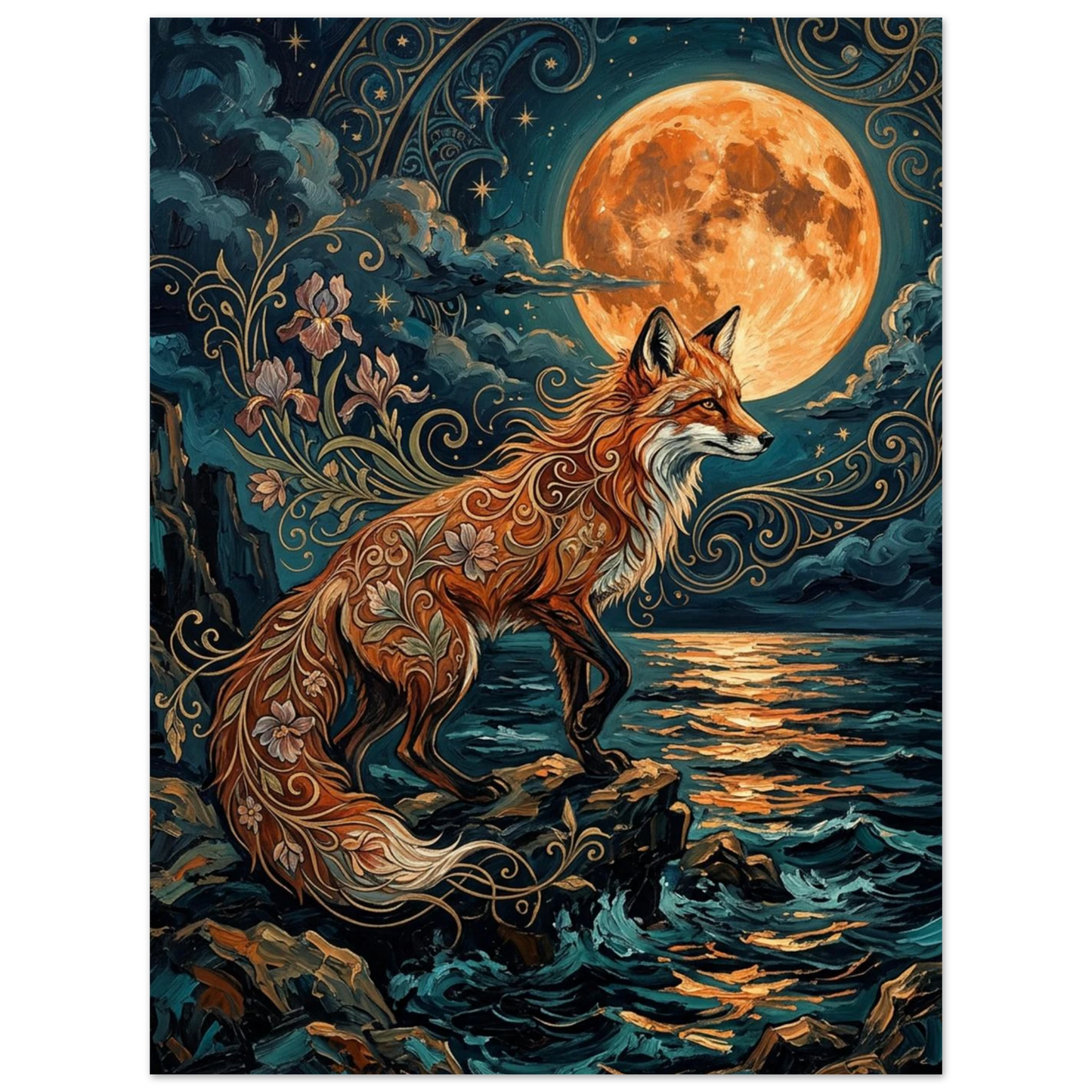 Mystisk rävposter med intrikata virvlar under en stor orange fullmåne