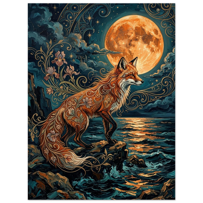 Mystisk rävposter med intrikata virvlar under en stor orange fullmåne
