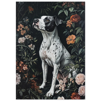 Hundporträtt omgiven av blommor i mörka, konstnärliga toner.