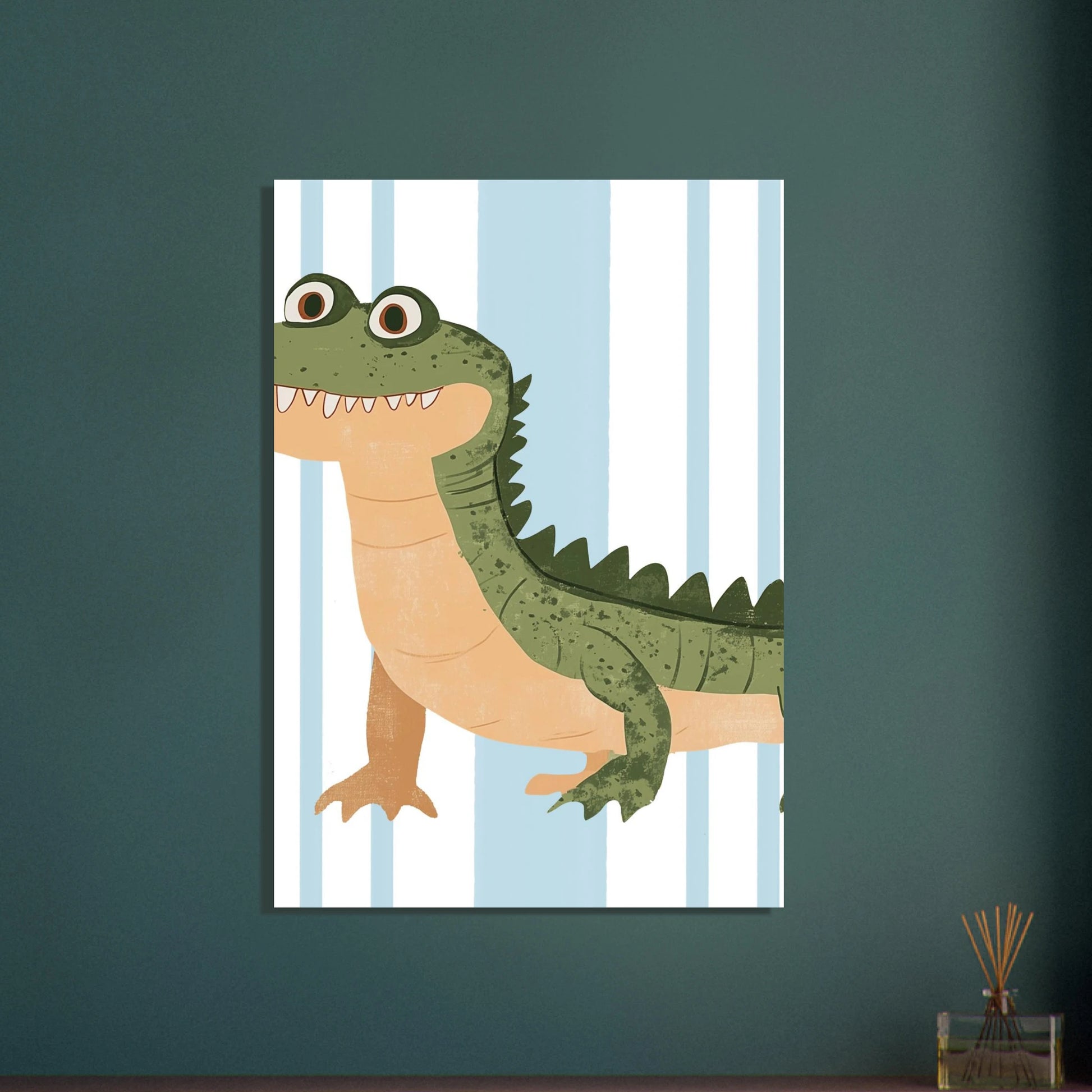 Lekfull krokodil med stort leende, barnvänlig illustration, glad stämning.
