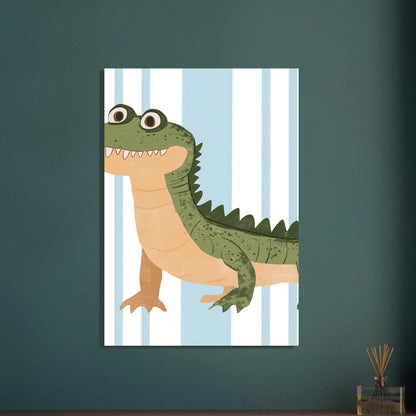 Lekfull krokodil med stort leende, barnvänlig illustration, glad stämning.