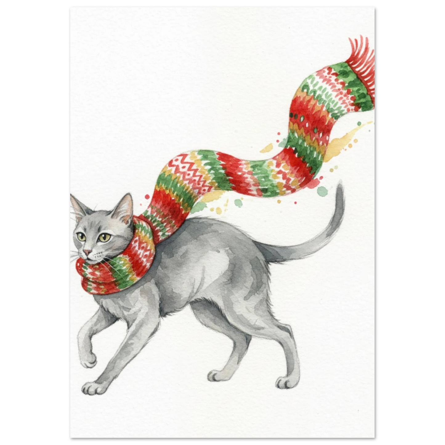 Illustration av en grå katt som bär en färgglad vinterhalsduk
