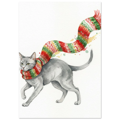 Illustration av en grå katt som bär en färgglad vinterhalsduk