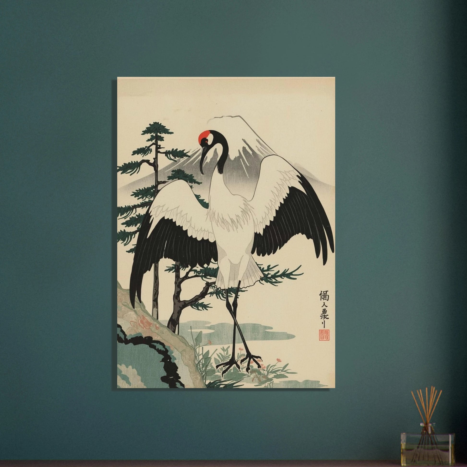 Majestätisk trana med utbredda vingar i japansk ukiyo-e stil