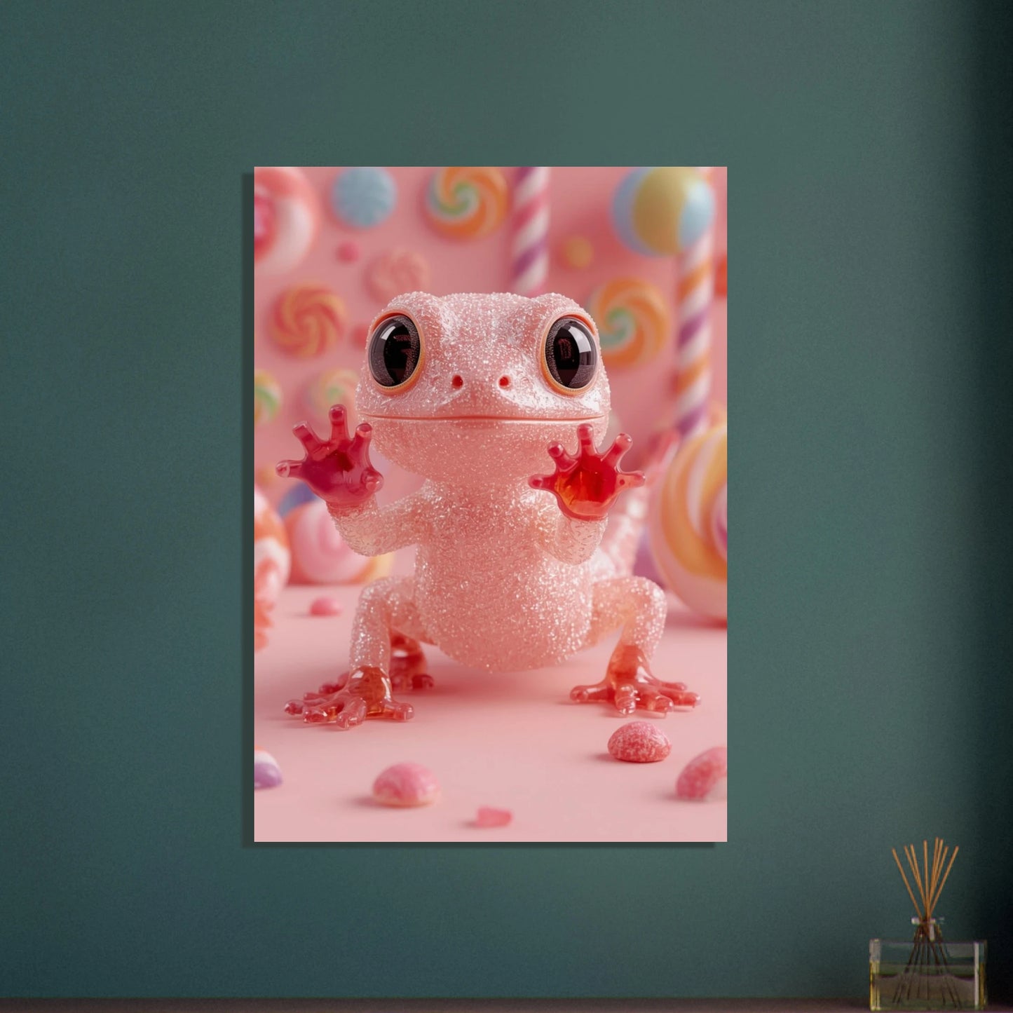Sockersöt gecko av godis i en rosa godisvärld