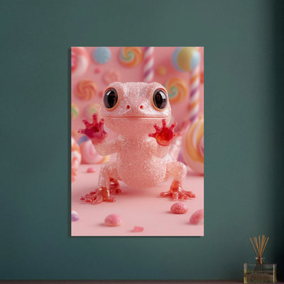 Sockersöt gecko av godis i en rosa godisvärld