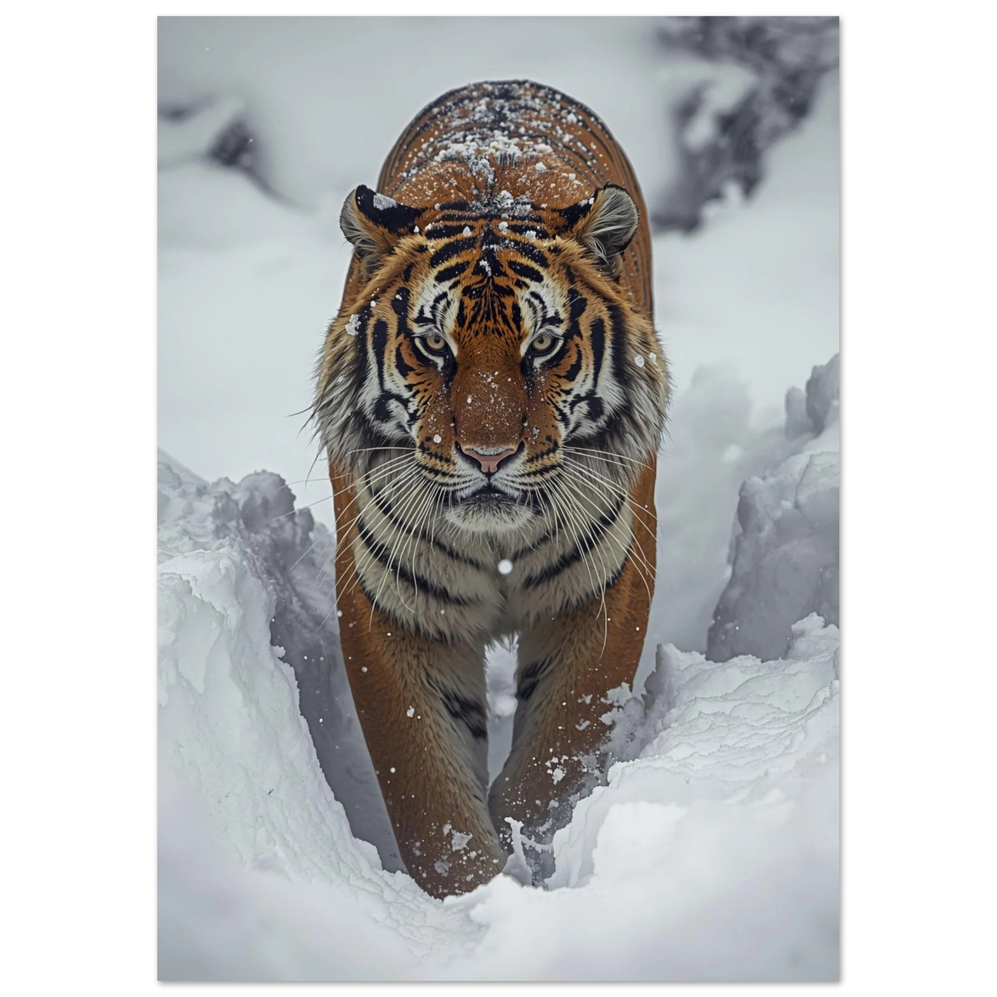 Majestätisk tiger i snöstorm som rör sig mot betraktaren, naturfoto