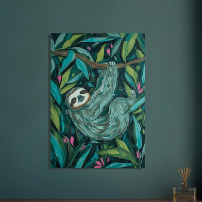 Sengångare i djungel, konstnärlig illustration, lugn stämning, gröna blad
