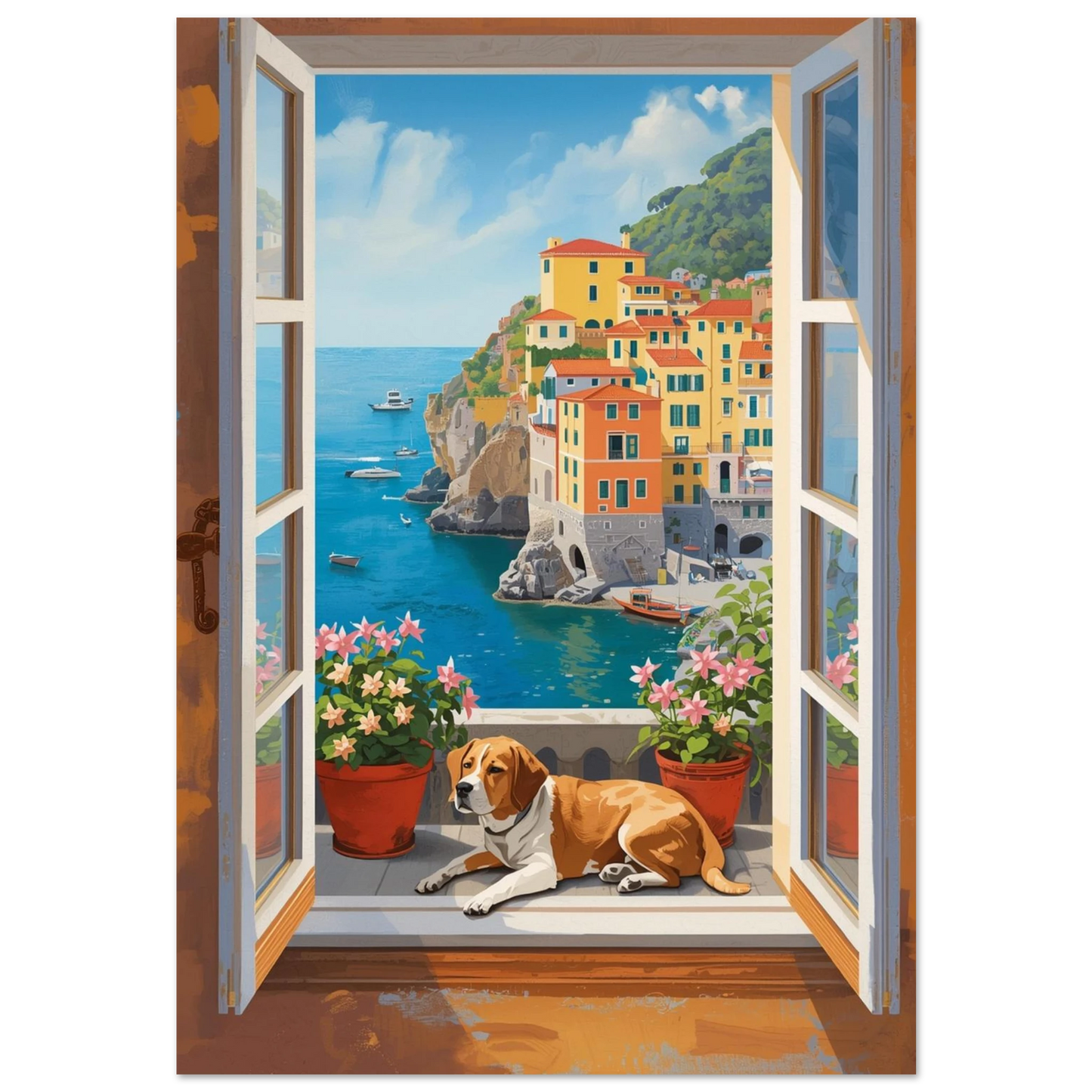 Digital målning av en beagle på en balkong i Cinque Terre