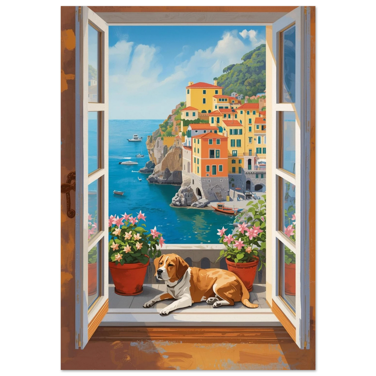 Digital målning av en beagle på en balkong i Cinque Terre