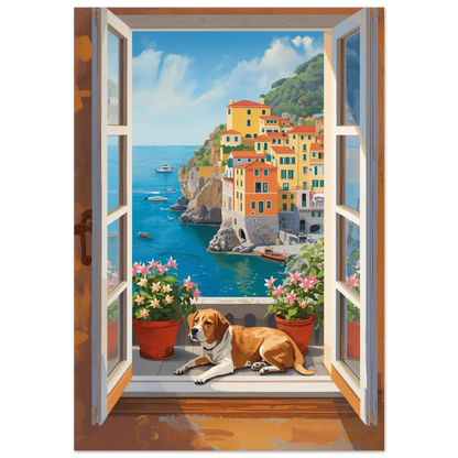 Digital målning av en beagle på en balkong i Cinque Terre