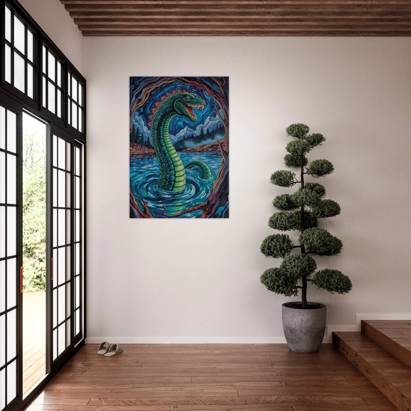 Inredningsbild med en inramad Nessie Night poster i ett ljust modernt rum
