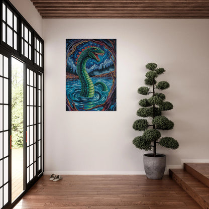Inredningsbild med en inramad Nessie Night poster i ett ljust modernt rum