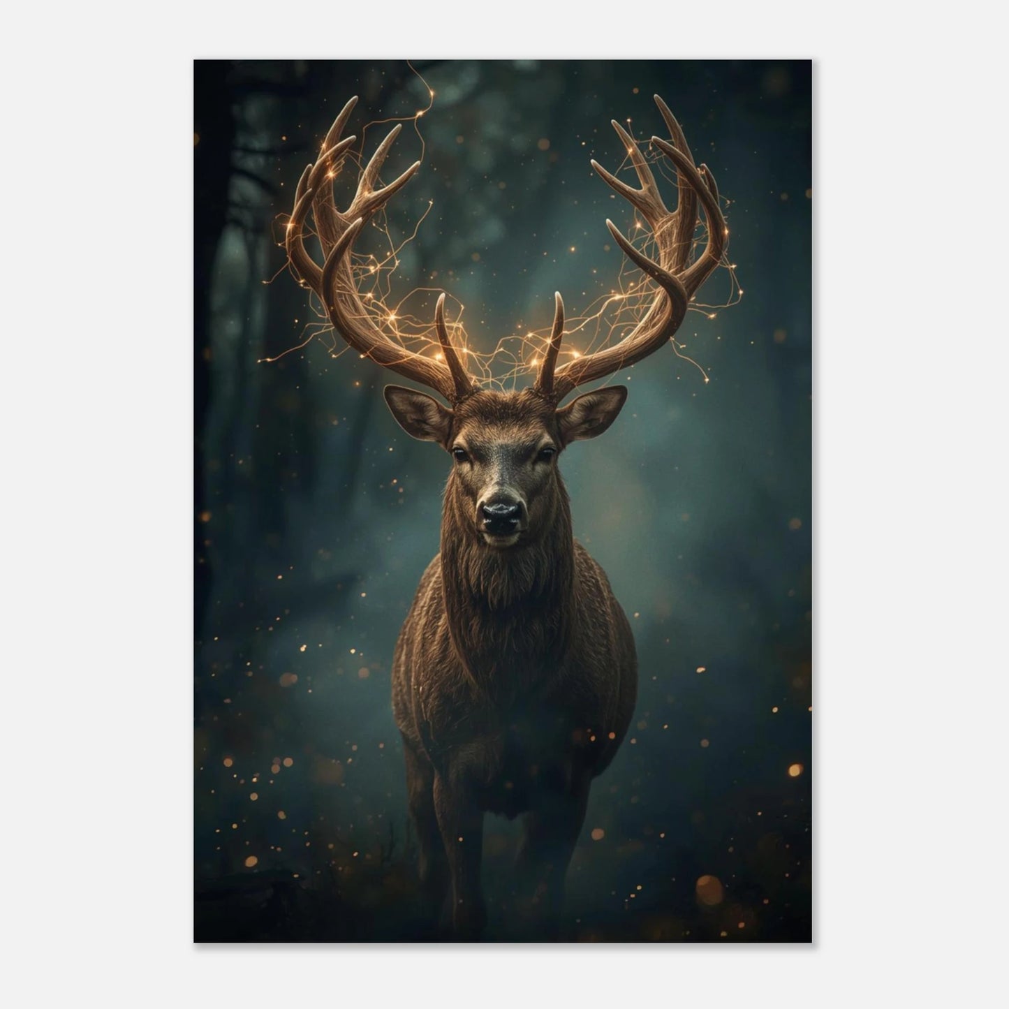 Konstnärligt porträtt av skogens väktare med lysande horn – stämningsfullt print