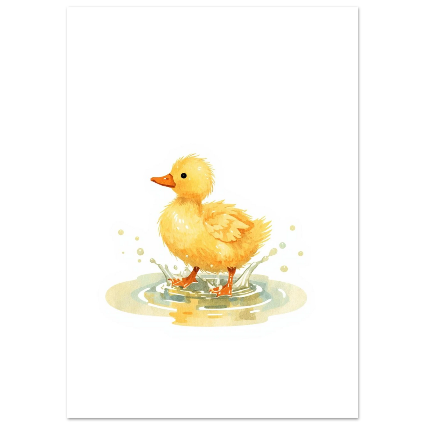 Illustration av en fluffig ankunge med orangea fötter som stänker vatten