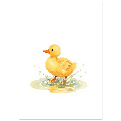 Illustration av en fluffig ankunge med orangea fötter som stänker vatten