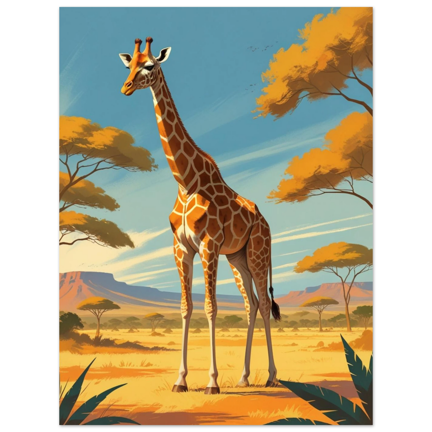 Djurposter med giraff i guldglimrande savannmiljö – stiliserad väggkonst för hemmet