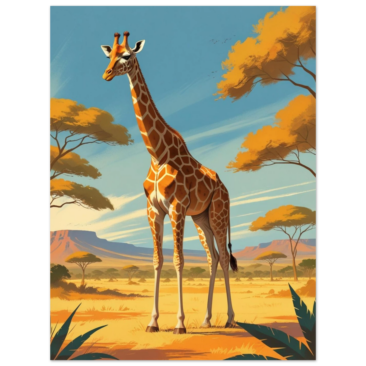 Djurposter med giraff i guldglimrande savannmiljö – stiliserad väggkonst för hemmet