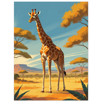 Djurposter med giraff i guldglimrande savannmiljö – stiliserad väggkonst för hemmet