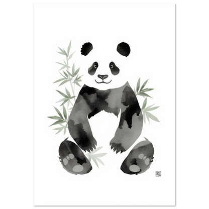 Sittande panda i svartvit akvarell med gröna bambublad, minimalistiskt djurmotiv