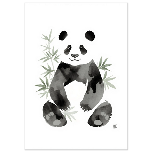 Sittande panda i svartvit akvarell med gröna bambublad, minimalistiskt djurmotiv