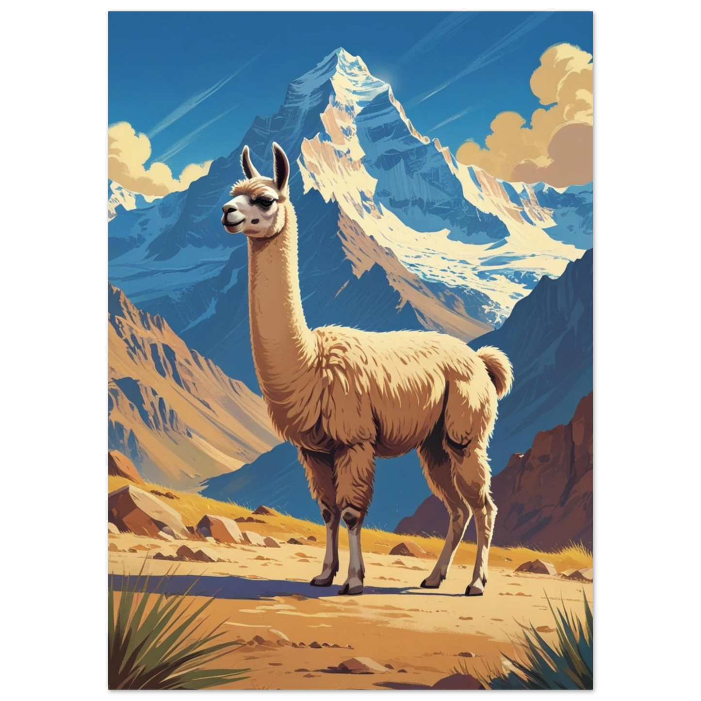 Ståtlig lama i ett dramatiskt bergslandskap med blå himmel – naturmotiv