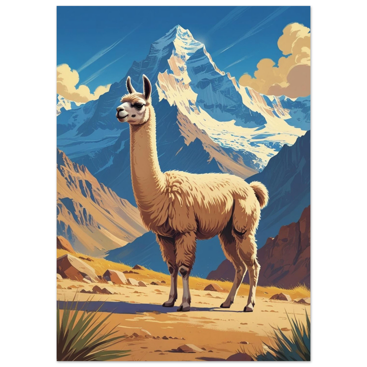 Ståtlig lama i ett dramatiskt bergslandskap med blå himmel – naturmotiv