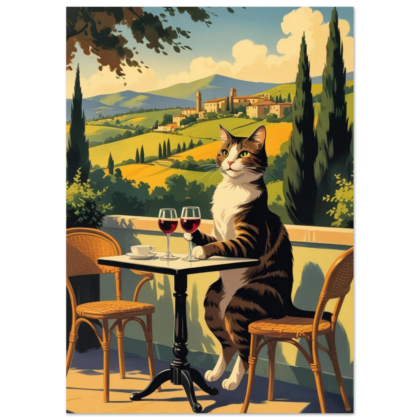 Somrig djurposter föreställande en katt på semester i italienska Toscana