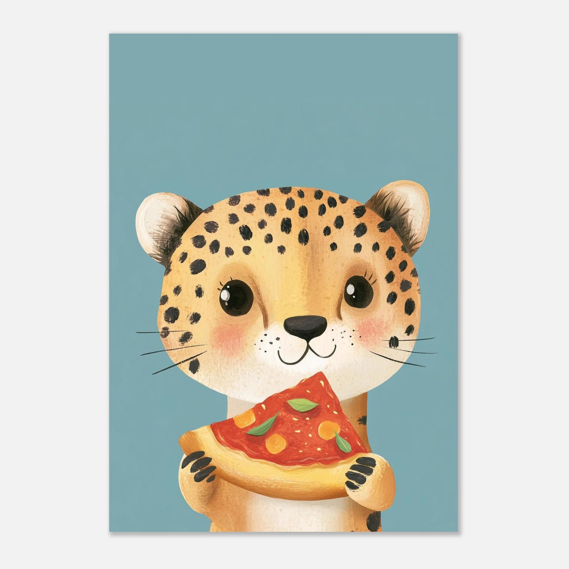 Lekfull barnposter föreställande en liten gepard med en slice pizza