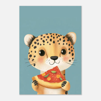Lekfull barnposter föreställande en liten gepard med en slice pizza