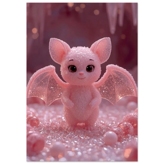 Rosa fladdermus med glittrande vingar i en värld av sockerpärlor