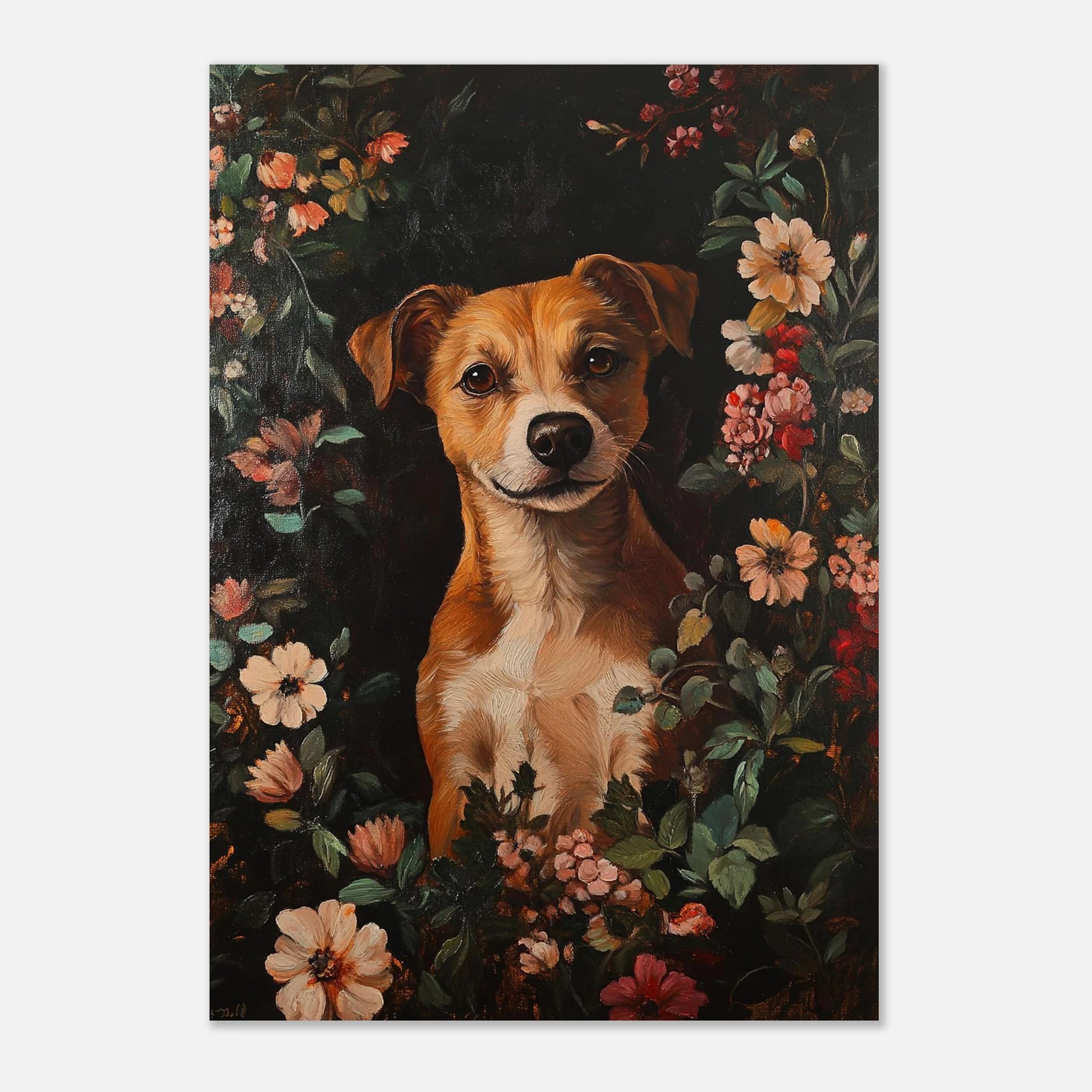 Väggkonst med hund i blomstermiljö, tryckt som poster med vit marginal