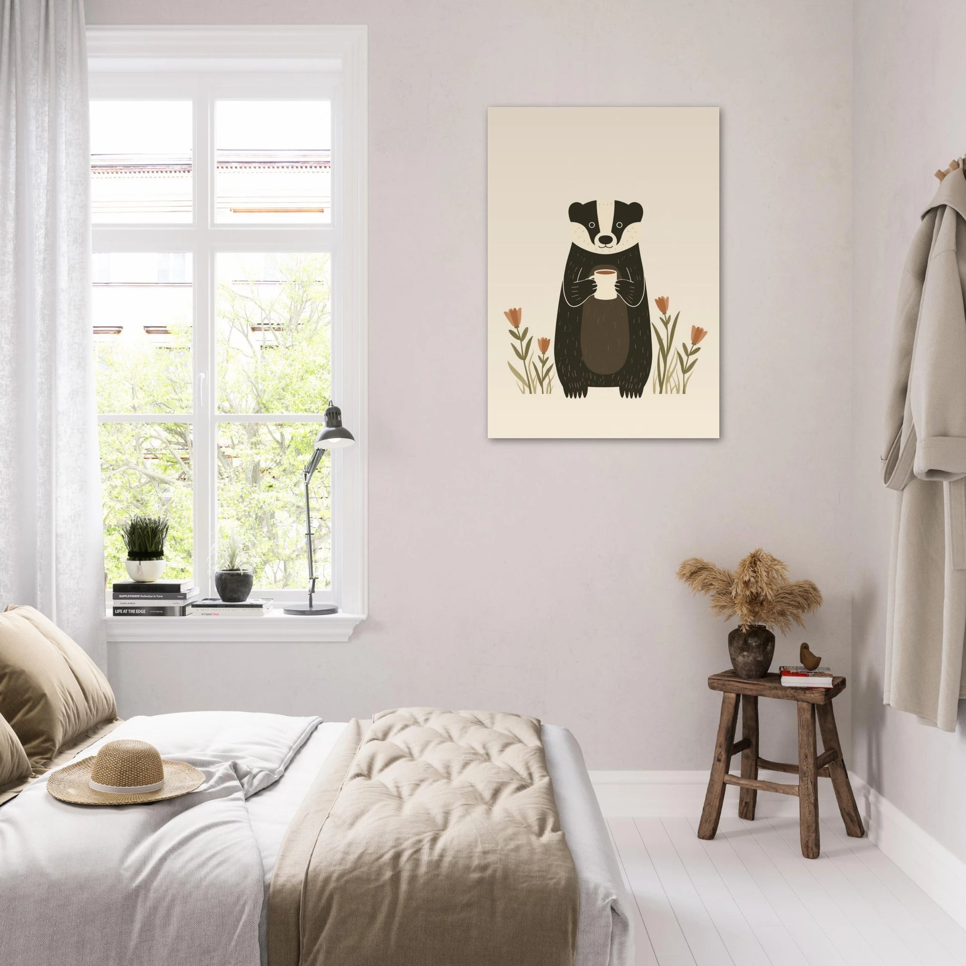 Tecknad grävling poster i ett ljust sovrum med vita väggar, säng och fönster – Tecknad poster