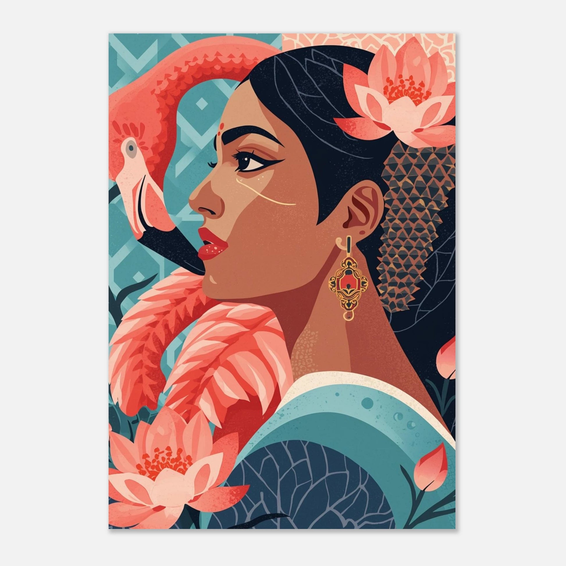 Ljusgrå bakgrund till poster med flamingo och kvinna i profil