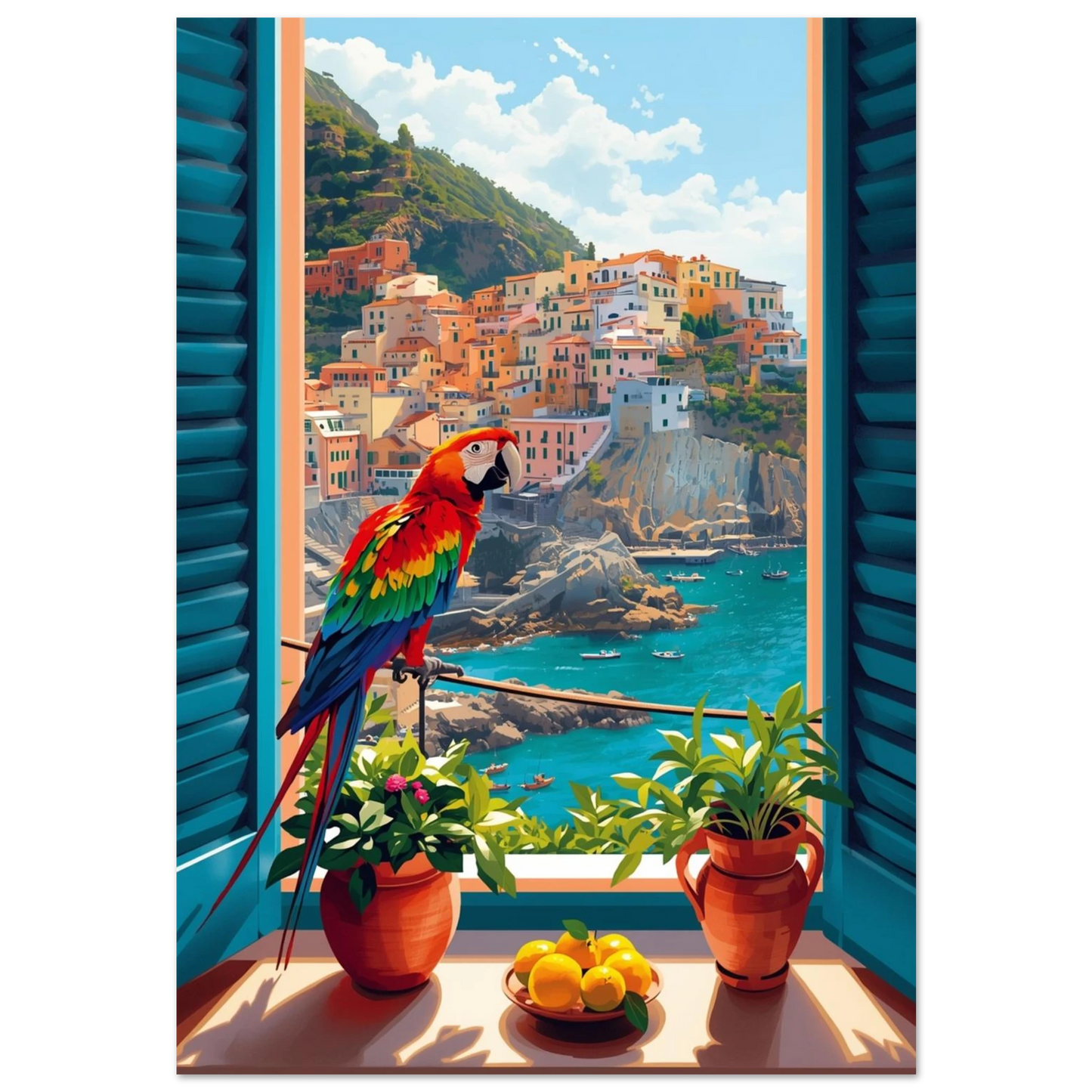 Färgglad röd ara i fönster mot italiensk kuststad – digital illustration