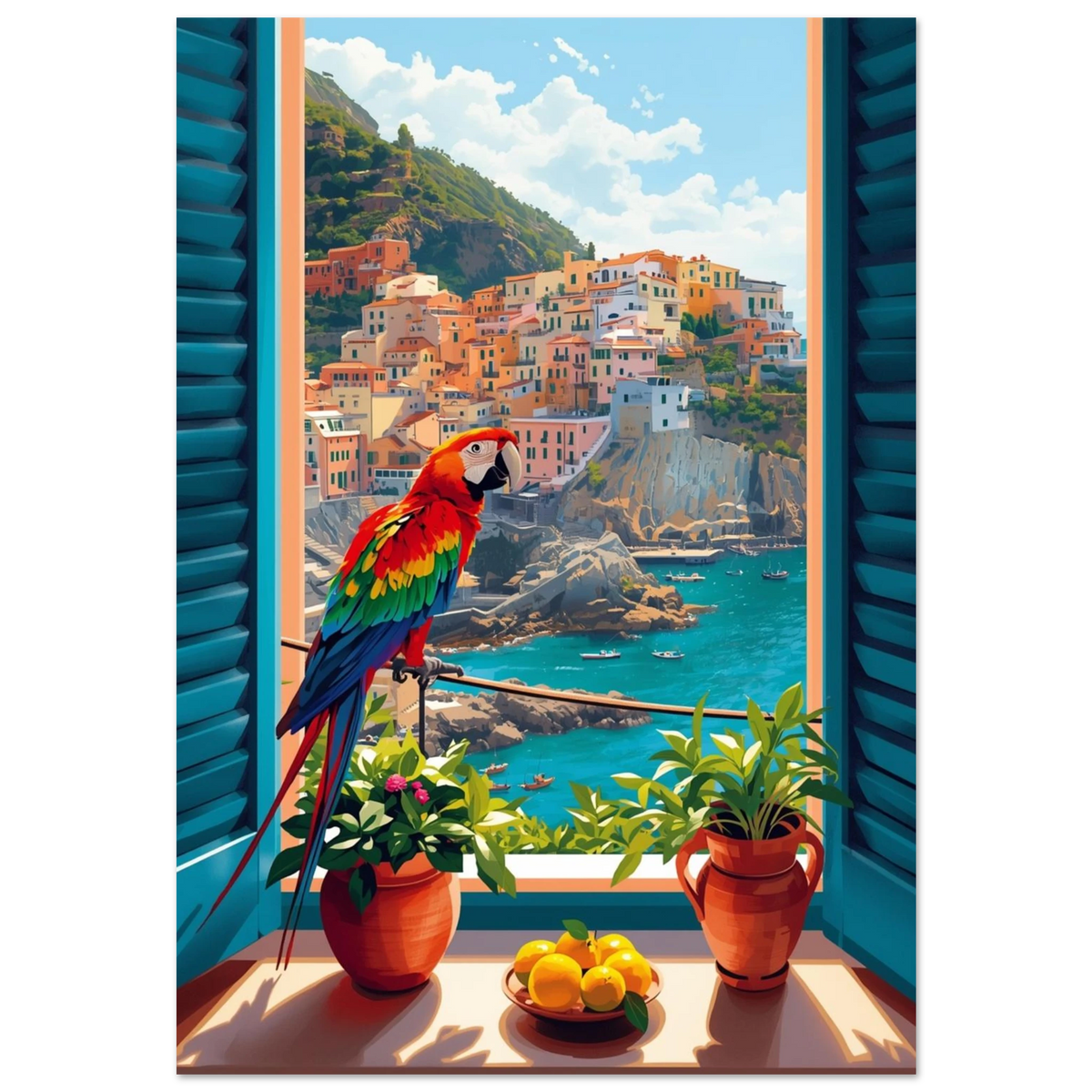 Färgglad röd ara i fönster mot italiensk kuststad – digital illustration