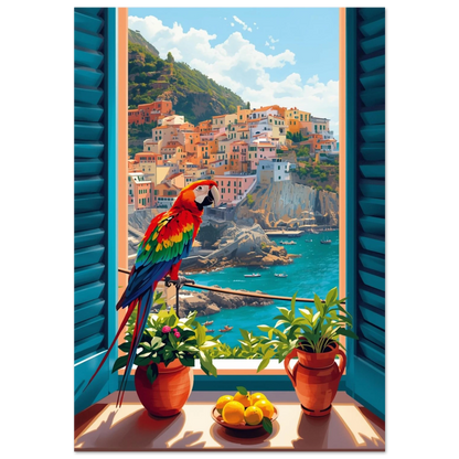 Färgglad röd ara i fönster mot italiensk kuststad – digital illustration