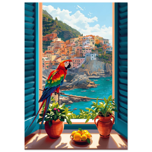 Färgglad röd ara i fönster mot italiensk kuststad – digital illustration