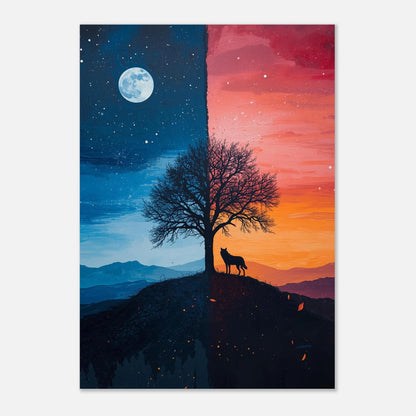 Väggkonst med varg och träd mot en himmel av eld och is