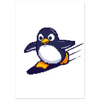 Grafisk illustration av en pingvin i pixelstil för barnrummet