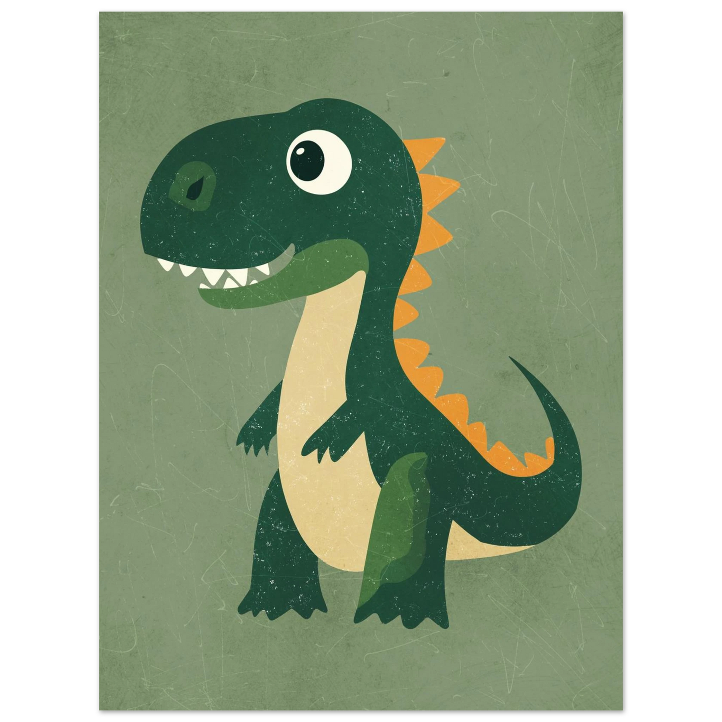 Stiliserad grön dinosaurie med korta armar och orange detaljer