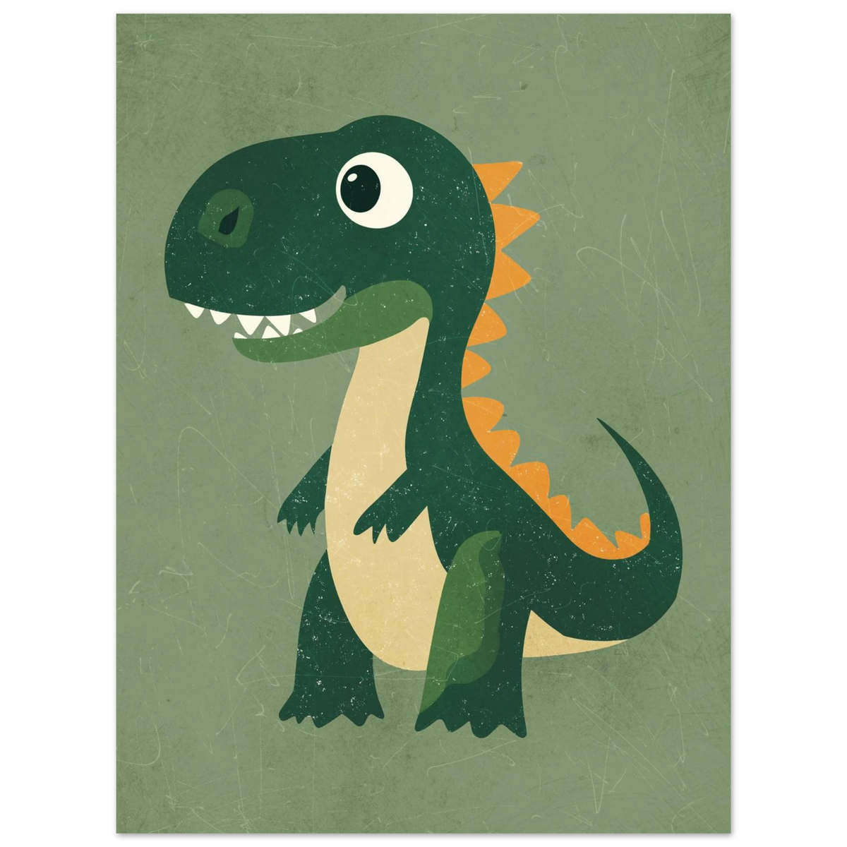 Stiliserad grön dinosaurie med korta armar och orange detaljer