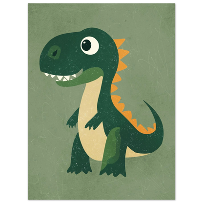 Stiliserad grön dinosaurie med korta armar och orange detaljer