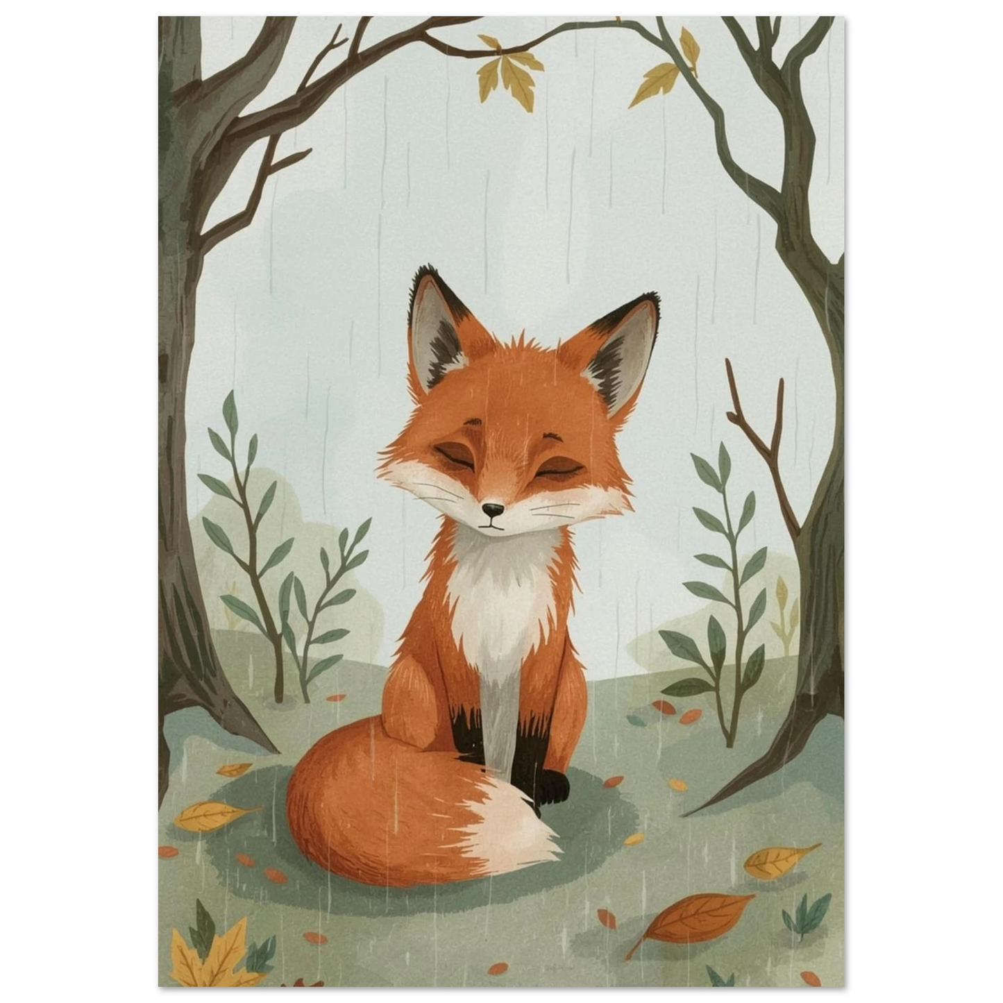 Fridfull rävillustration med hösttema och mjuka naturfärger – dekorativ poster