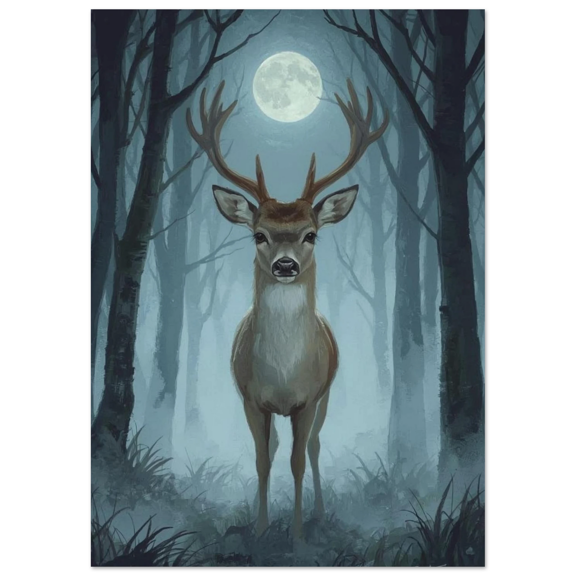 Nattmotiv med hjort i skogen, digital målning med mjuka penseldrag