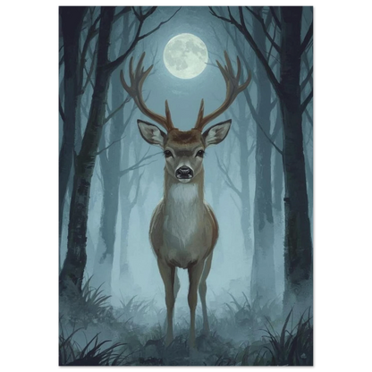 Nattmotiv med hjort i skogen, digital målning med mjuka penseldrag