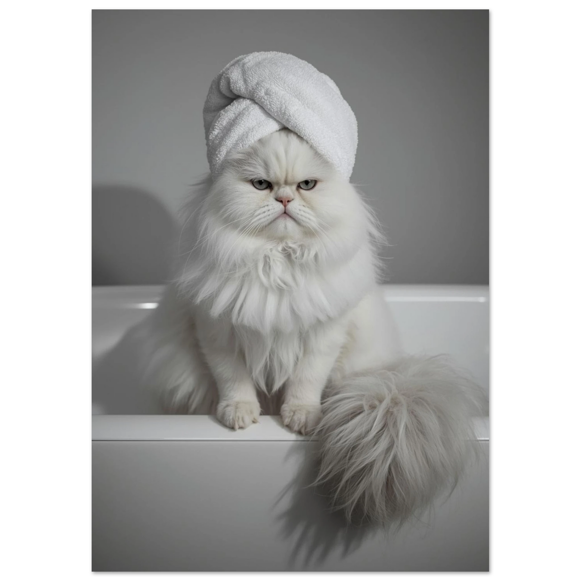 Humoristisk fotoposter av en vit långhårig katt i spa-miljö