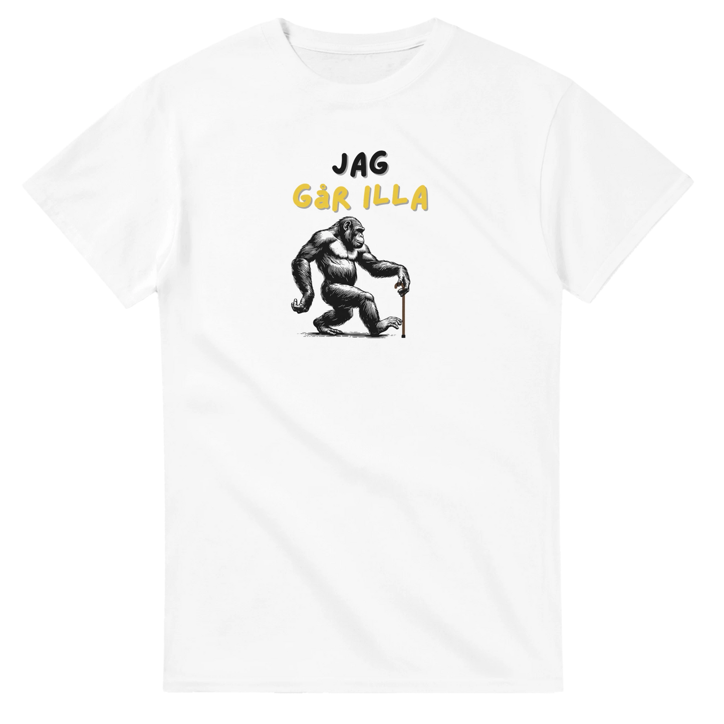 Vit t-shirt med illustration av en gorilla som går med käpp – Tecknad T-shirt