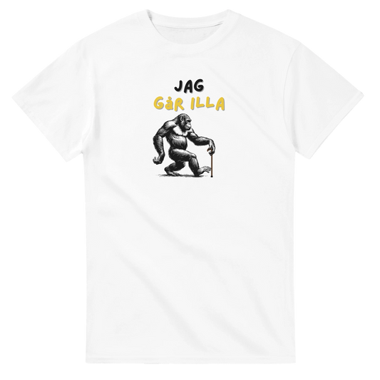 Vit t-shirt med illustration av en gorilla som går med käpp – Tecknad T-shirt